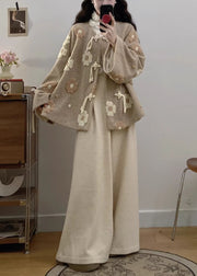 Floral Apricot Chinese Button Coat And Wide Leg Pants Woolen Two Pieces Set Fall