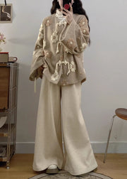 Floral Apricot Chinese Button Coat And Wide Leg Pants Woolen Two Pieces Set Fall