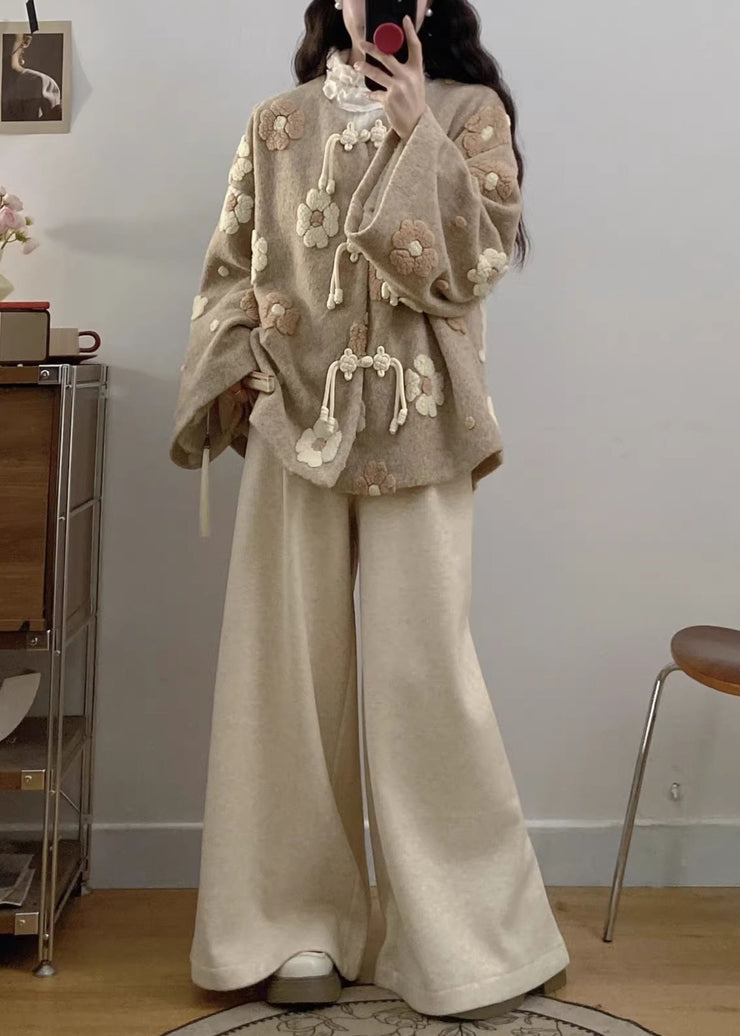 Floral Apricot Chinese Button Coat And Wide Leg Pants Woolen Two Pieces Set Fall