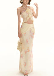 Floral Apricot Print Tank And Skirts Chiffon Two Pieces Set Sleeveless