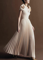 Floral Apricot V Neck Wrinkled Cotton Long Dress Summer