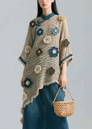 Floral Asymmetrical Wrinkled Patchwork Cotton Blouse Bracelet Sleeve