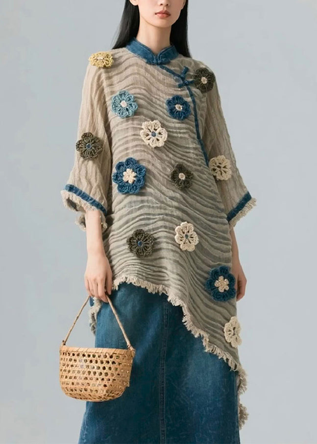Floral Asymmetrical Wrinkled Patchwork Cotton Blouse Bracelet Sleeve