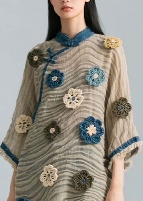 Floral Asymmetrical Wrinkled Patchwork Cotton Blouse Bracelet Sleeve