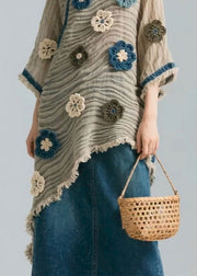 Floral Asymmetrical Wrinkled Patchwork Cotton Blouse Bracelet Sleeve