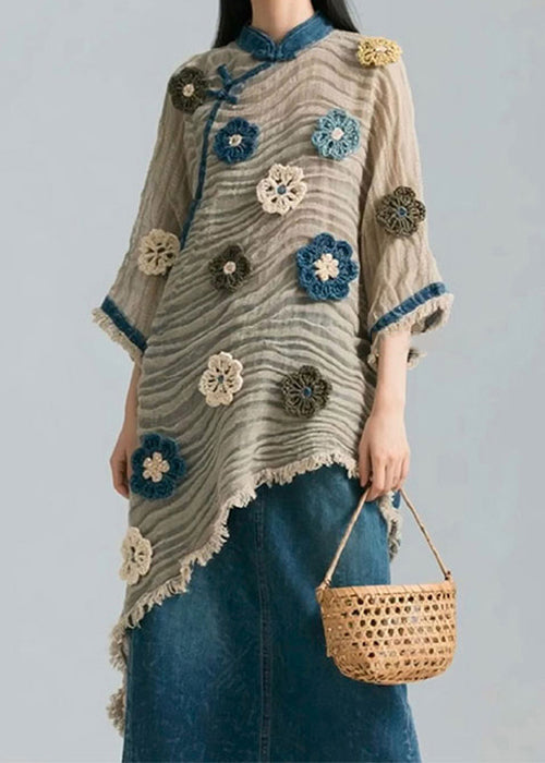 Floral Asymmetrical Wrinkled Patchwork Cotton Blouse Bracelet Sleeve
