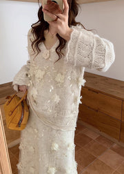 Floral Beige Hollow Out Sweaters And Skirts Patchwork Knit Two Piece Set Fall
