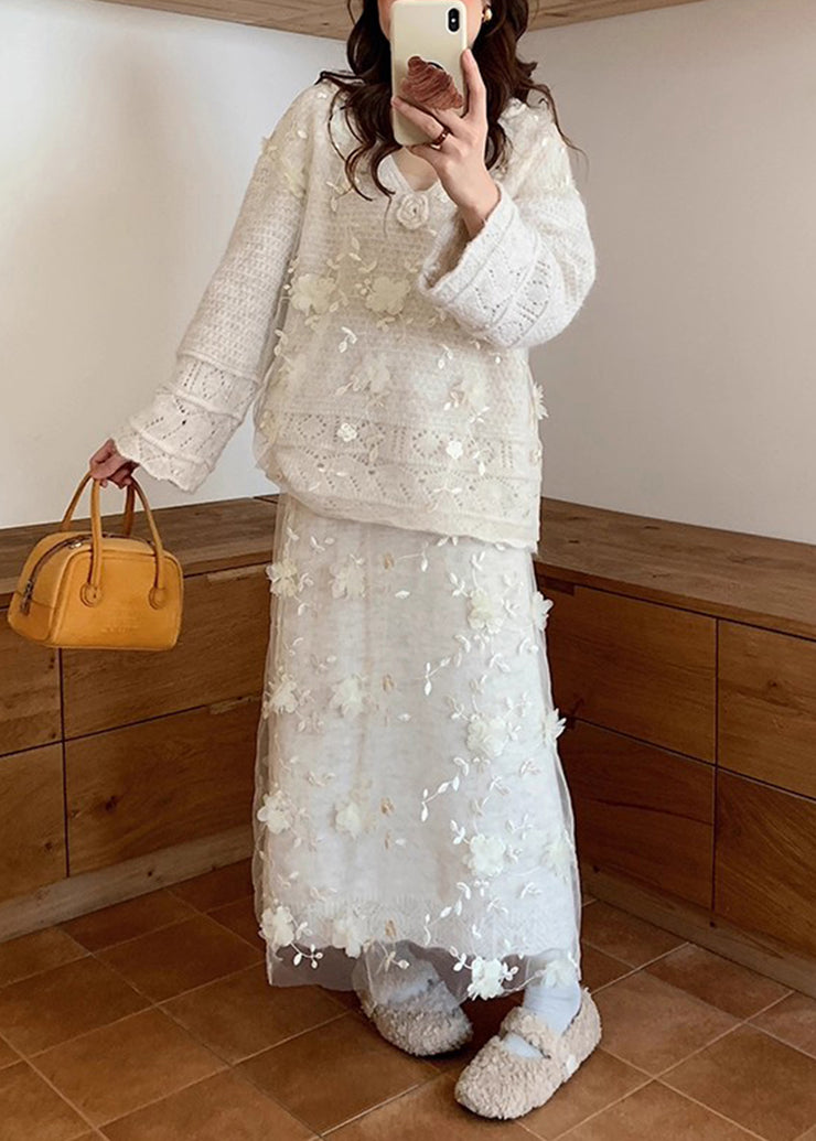 Floral Beige Hollow Out Sweaters And Skirts Patchwork Knit Two Piece Set Fall