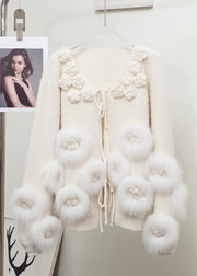 Floral Beige Lace Up Fox Fur Patchwork Knit Coats Winter