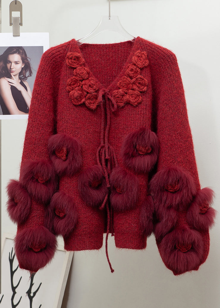 Floral Beige Lace Up Fox Fur Patchwork Knit Coats Winter