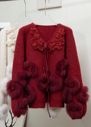 Floral Beige Lace Up Fox Fur Patchwork Knit Coats Winter