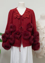 Floral Beige Lace Up Fox Fur Patchwork Knit Coats Winter