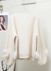 Floral Beige Lace Up Fox Fur Patchwork Knit Coats Winter