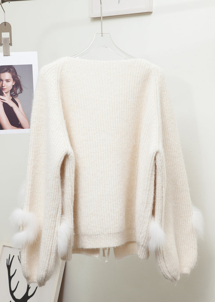 Floral Beige Lace Up Fox Fur Patchwork Knit Coats Winter