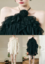 Floral Black Ruffled Chiffon Mini Dresses Butterfly Sleeve