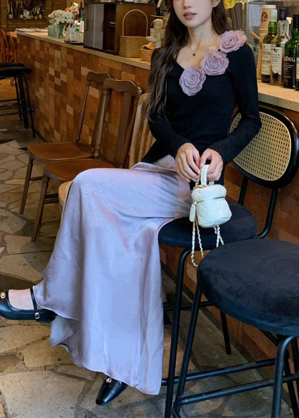 Floral Black V Neck Knit Tops And Purple Skirts Two Pieces Set Fall