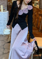 Floral Black V Neck Knit Tops And Purple Skirts Two Pieces Set Fall