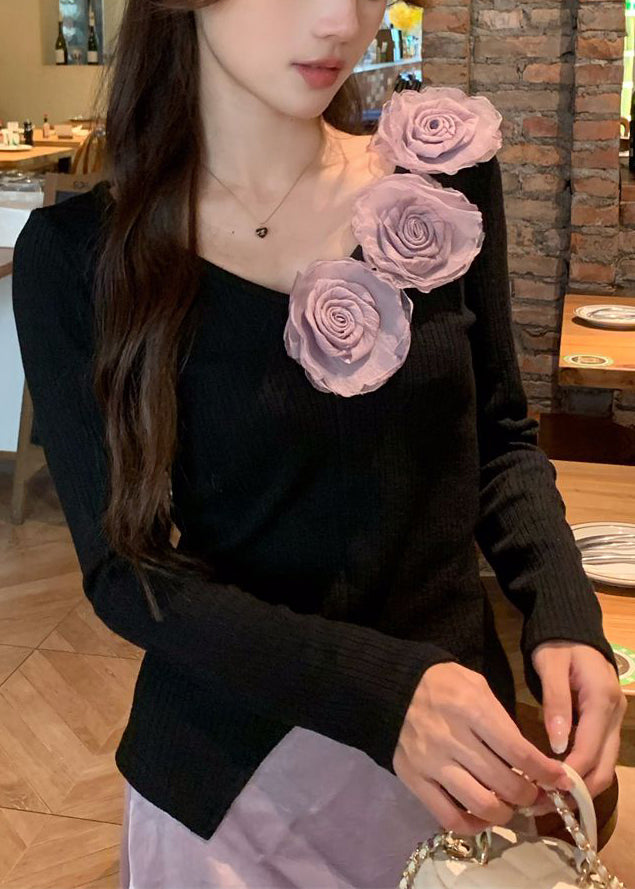 Floral Black V Neck Knit Tops And Purple Skirts Two Pieces Set Fall