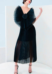 Floral Black V Neck Wrinkled Tulle Long Dress Sleeveless