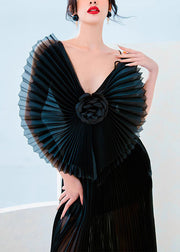 Floral Black V Neck Wrinkled Tulle Long Dress Sleeveless