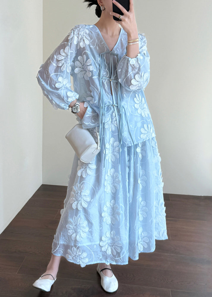 Floral Blue Chinese Button Shirts And Skirts Silk Two-Piece Set Fall