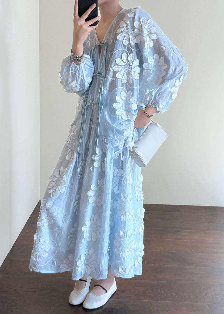 Floral Blue Chinese Button Shirts And Skirts Silk Two-Piece Set Fall