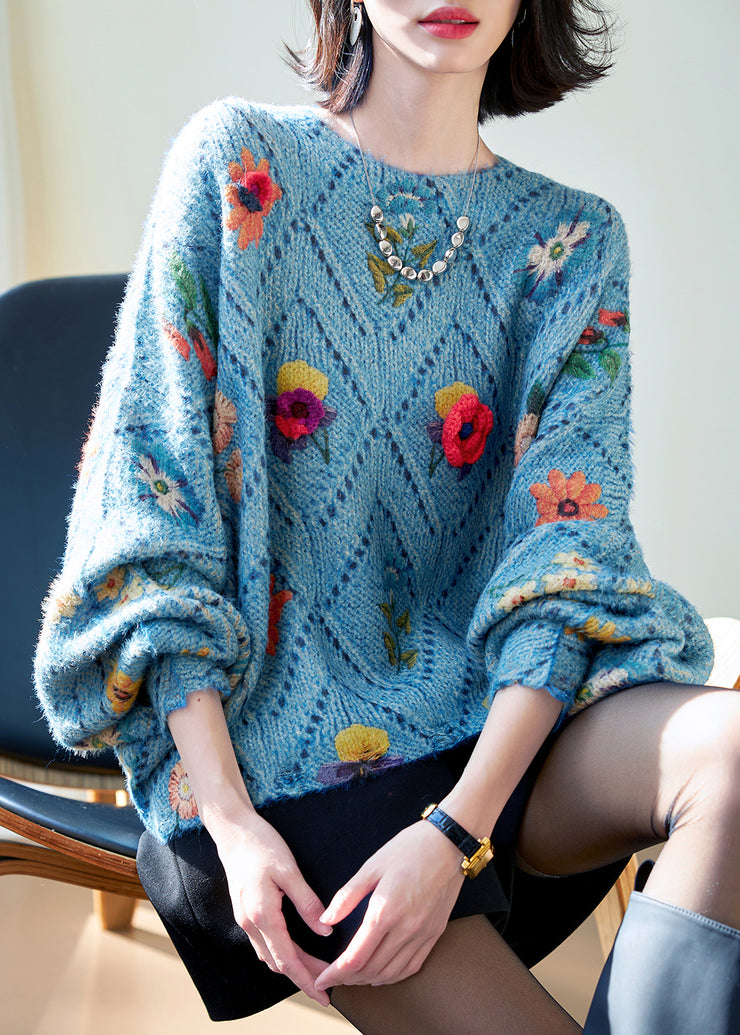 Floral Blue O-Neck Hollow Out Knit Sweaters Batwing Sleeve