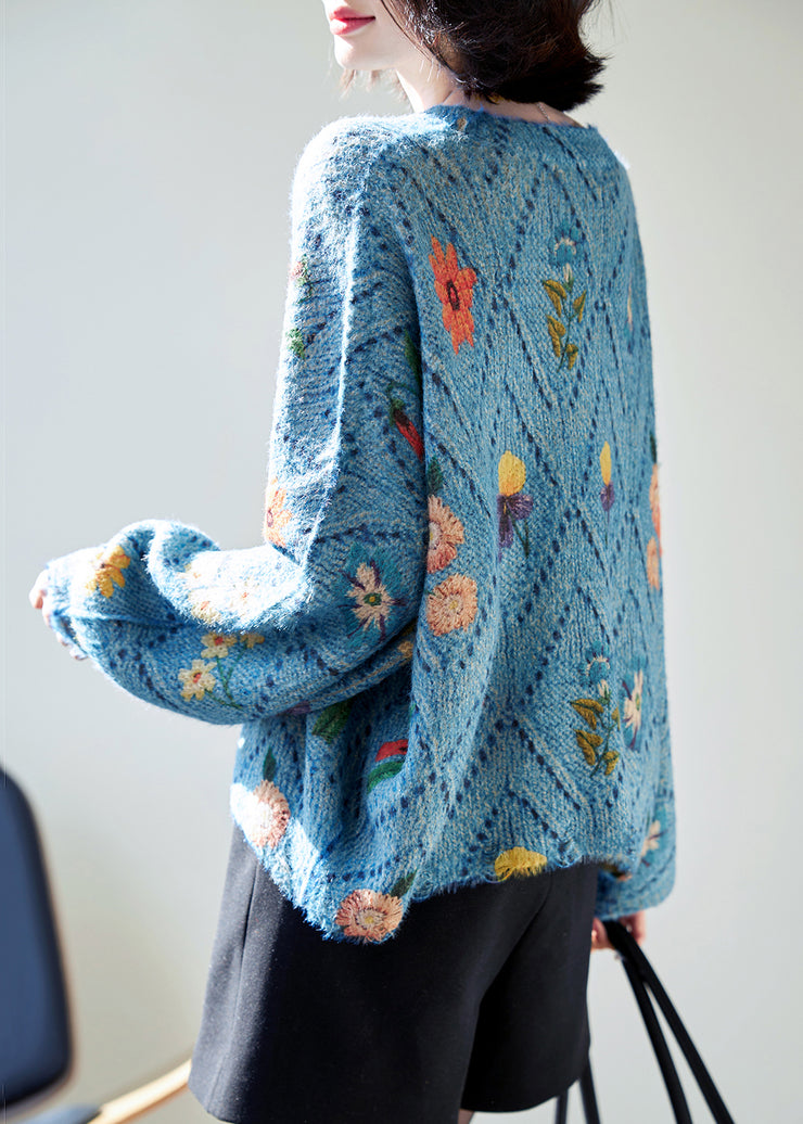 Floral Blue O-Neck Hollow Out Knit Sweaters Batwing Sleeve