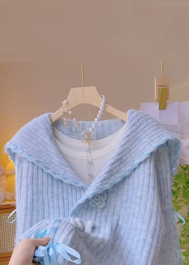 Floral Blue Peter Pan Collar Lace Up Knit Coats Fall