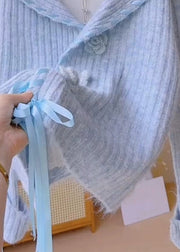 Floral Blue Peter Pan Collar Lace Up Knit Coats Fall