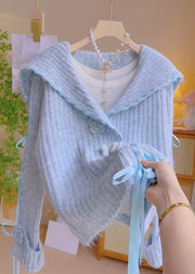 Floral Blue Peter Pan Collar Lace Up Knit Coats Fall