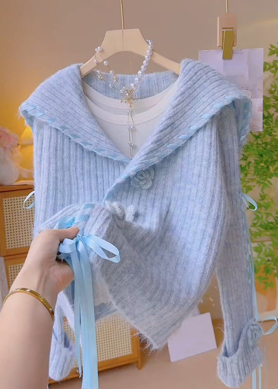 Floral Blue Peter Pan Collar Lace Up Knit Coats Fall