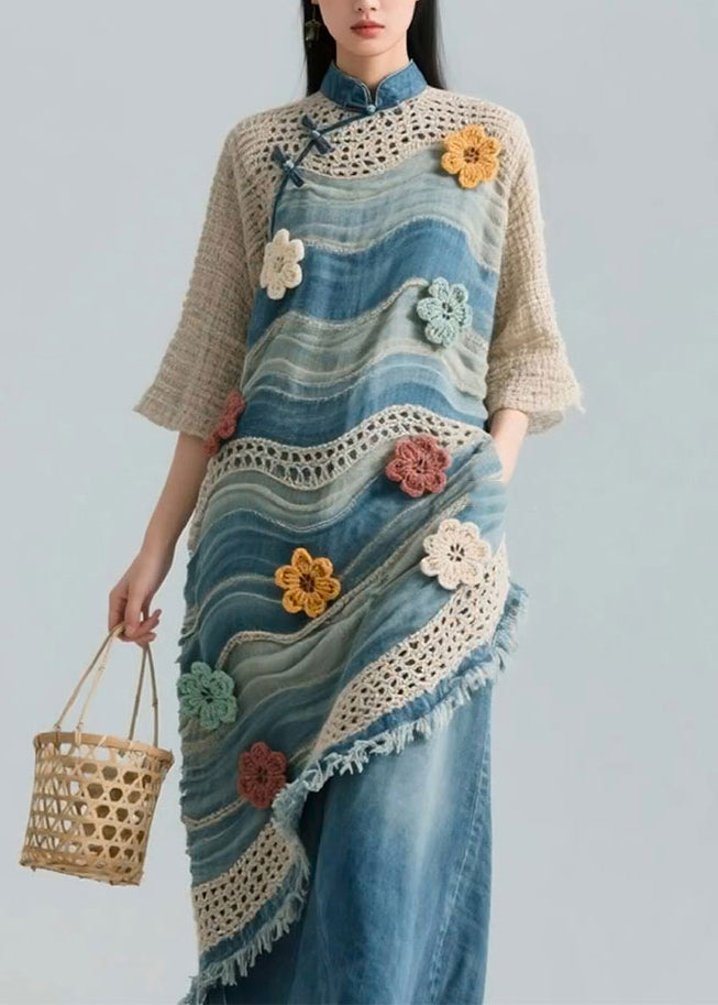 Floral Blue Striped Hollow Out Knit Patchwork Blouses Bracelet Sleeve
