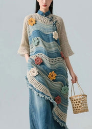 Floral Blue Striped Hollow Out Knit Patchwork Blouses Bracelet Sleeve