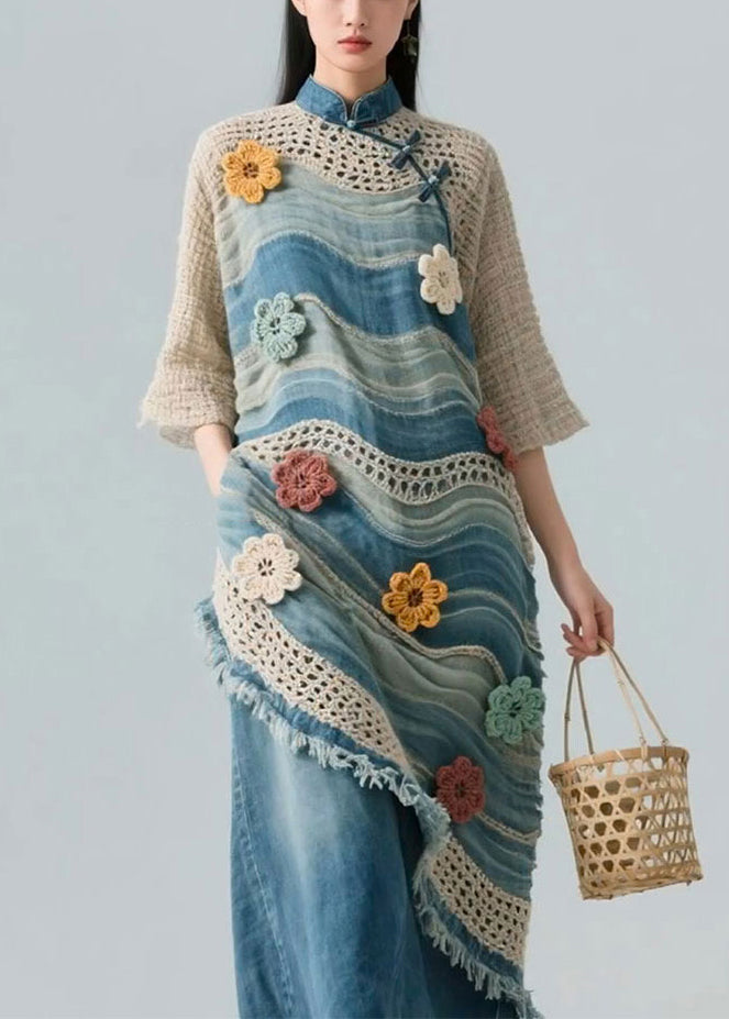 Floral Blue Striped Hollow Out Knit Patchwork Blouses Bracelet Sleeve