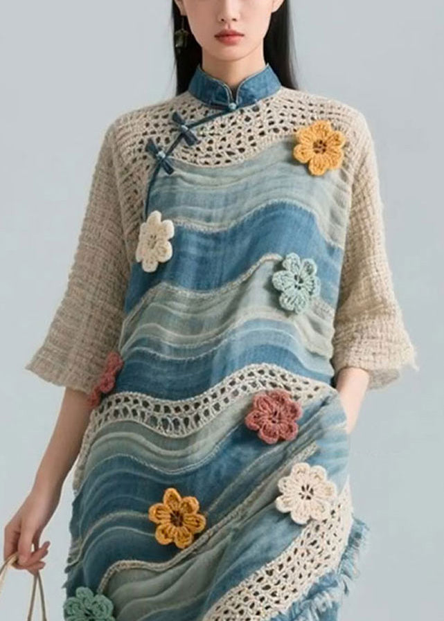 Floral Blue Striped Hollow Out Knit Patchwork Blouses Bracelet Sleeve