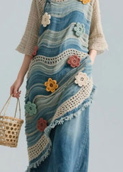 Floral Blue Striped Hollow Out Knit Patchwork Blouses Bracelet Sleeve
