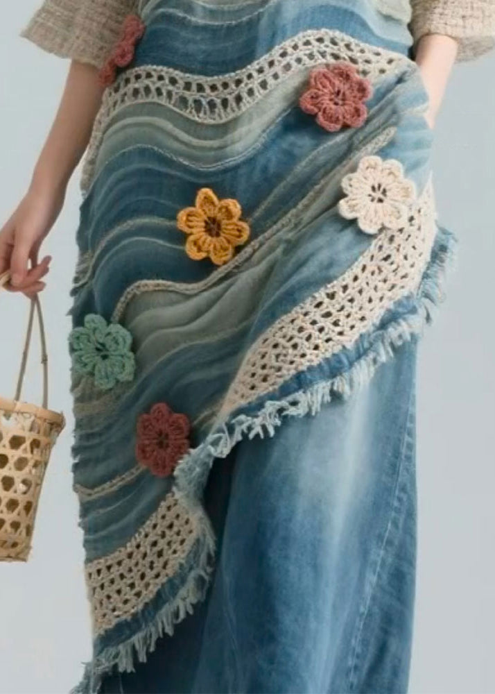 Floral Blue Striped Hollow Out Knit Patchwork Blouses Bracelet Sleeve