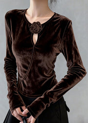 Floral Coffee O Neck Hollow Out Silk Velour T Shirt Top Winter