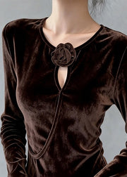 Floral Coffee O Neck Hollow Out Silk Velour T Shirt Top Winter