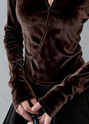 Floral Coffee O Neck Hollow Out Silk Velour T Shirt Top Winter