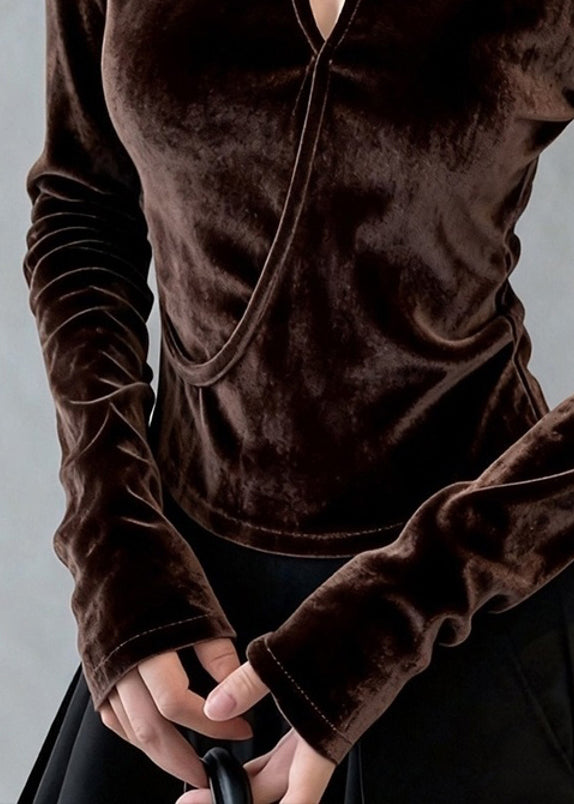 Floral Coffee O Neck Hollow Out Silk Velour T Shirt Top Winter