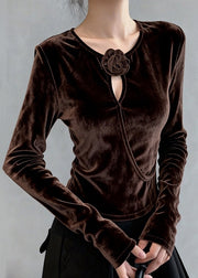 Floral Coffee O Neck Hollow Out Silk Velour T Shirt Top Winter