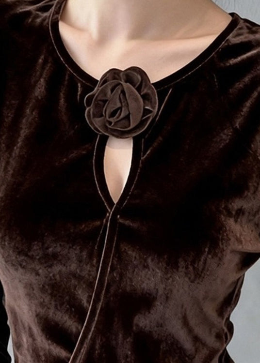 Floral Coffee O Neck Hollow Out Silk Velour T Shirt Top Winter