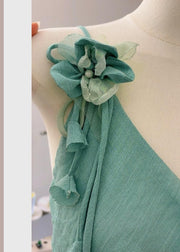 Floral Green Asymmetrical Lace Up Cotton Long Dress Sleeveless