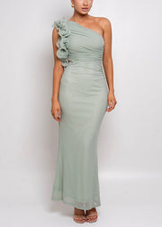 Floral Green Asymmetrical Wrinkled Tulle Long Dress Summer