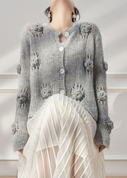 Floral Grey Hollow Out Button Knit Coats Fall