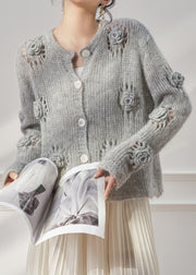 Floral Grey Hollow Out Button Knit Coats Fall