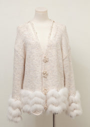 Floral Grey V Neck Fox Fur Pearl Patchwork Knit Sweaters Winter