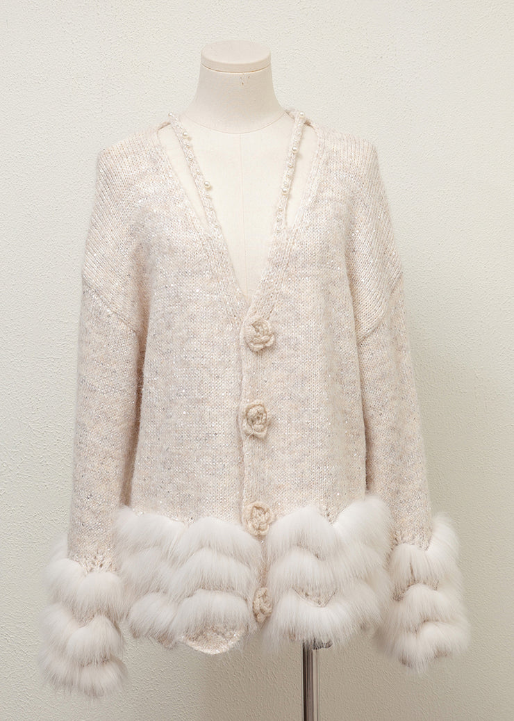 Floral Grey V Neck Fox Fur Pearl Patchwork Knit Sweaters Winter